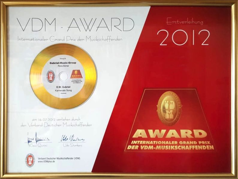 VDM Avard - Internationaler Grand Prix der Musikschaffenden für den Busfahrer Song der Gabriel-Music-Group - 2012